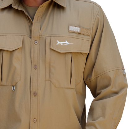 Front of the Tan River Adventure Fishing, Camping button up shirt showing features.