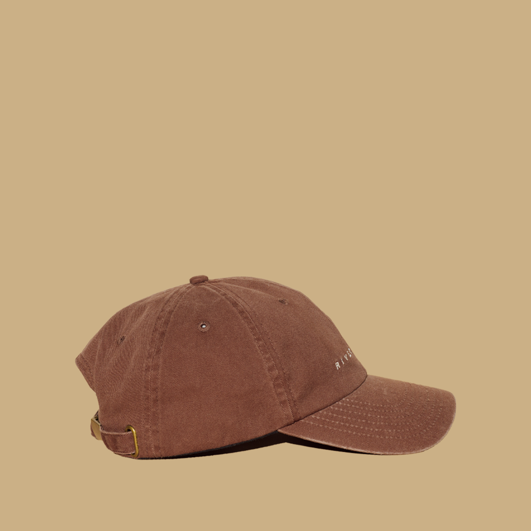 Tan River and Sands Dad cap product shot side view.