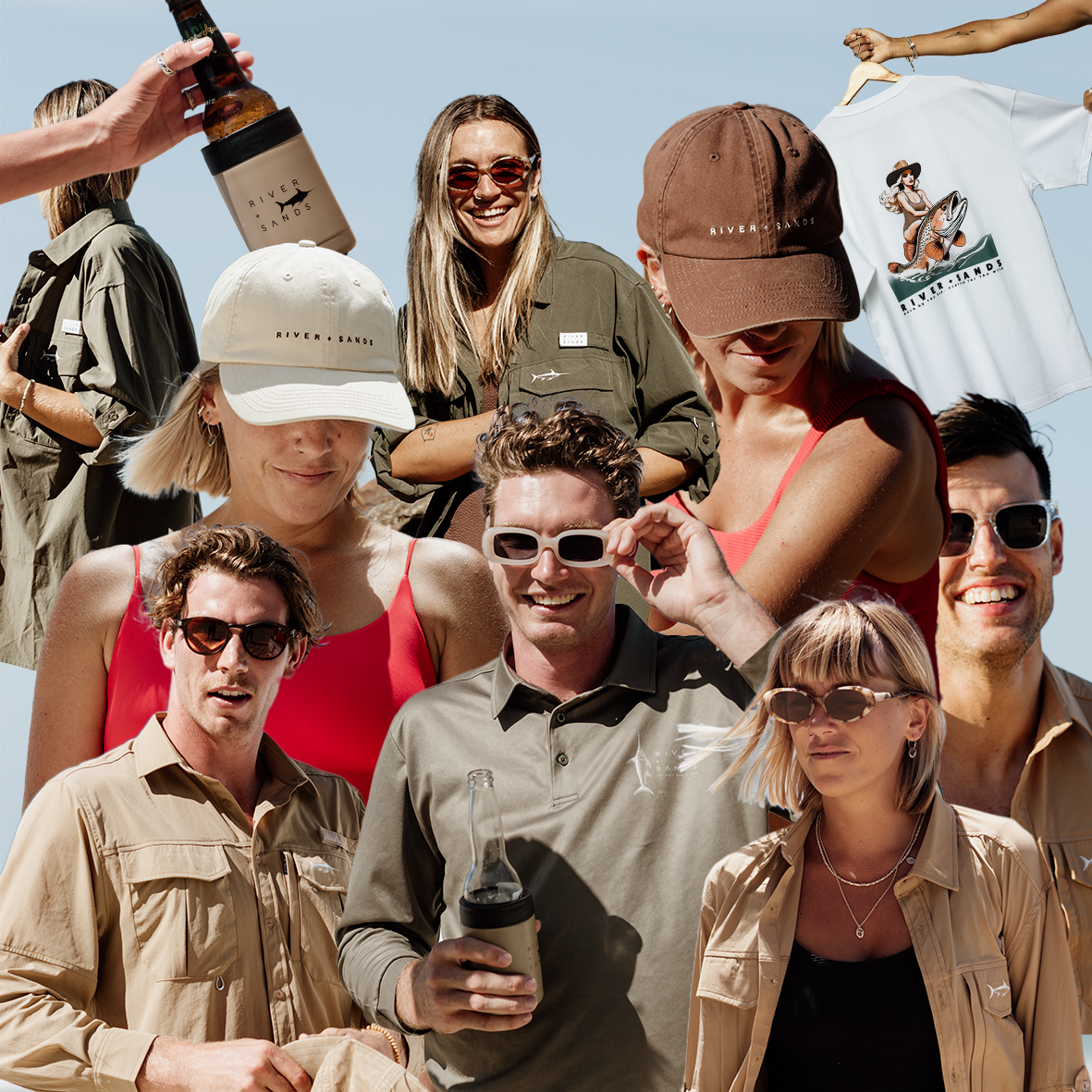 Collage of multiple men and women all wearing River and Sands gear.