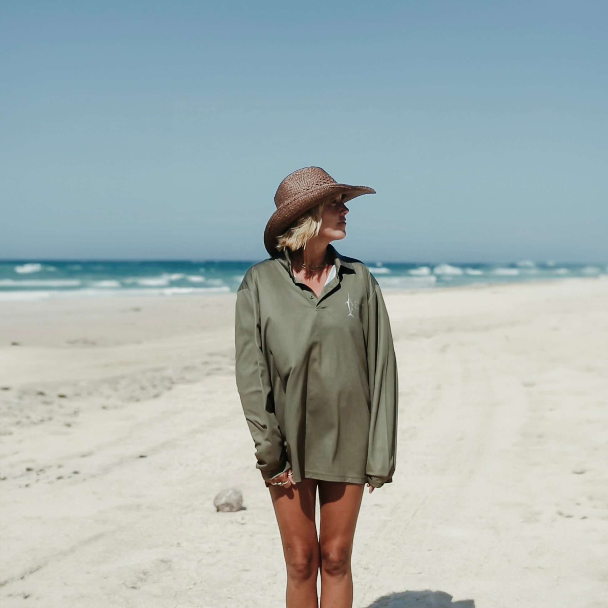 Men and women's long sleeve UPF 50+ fishing shirt in khaki color - River + Sands Brisbane.