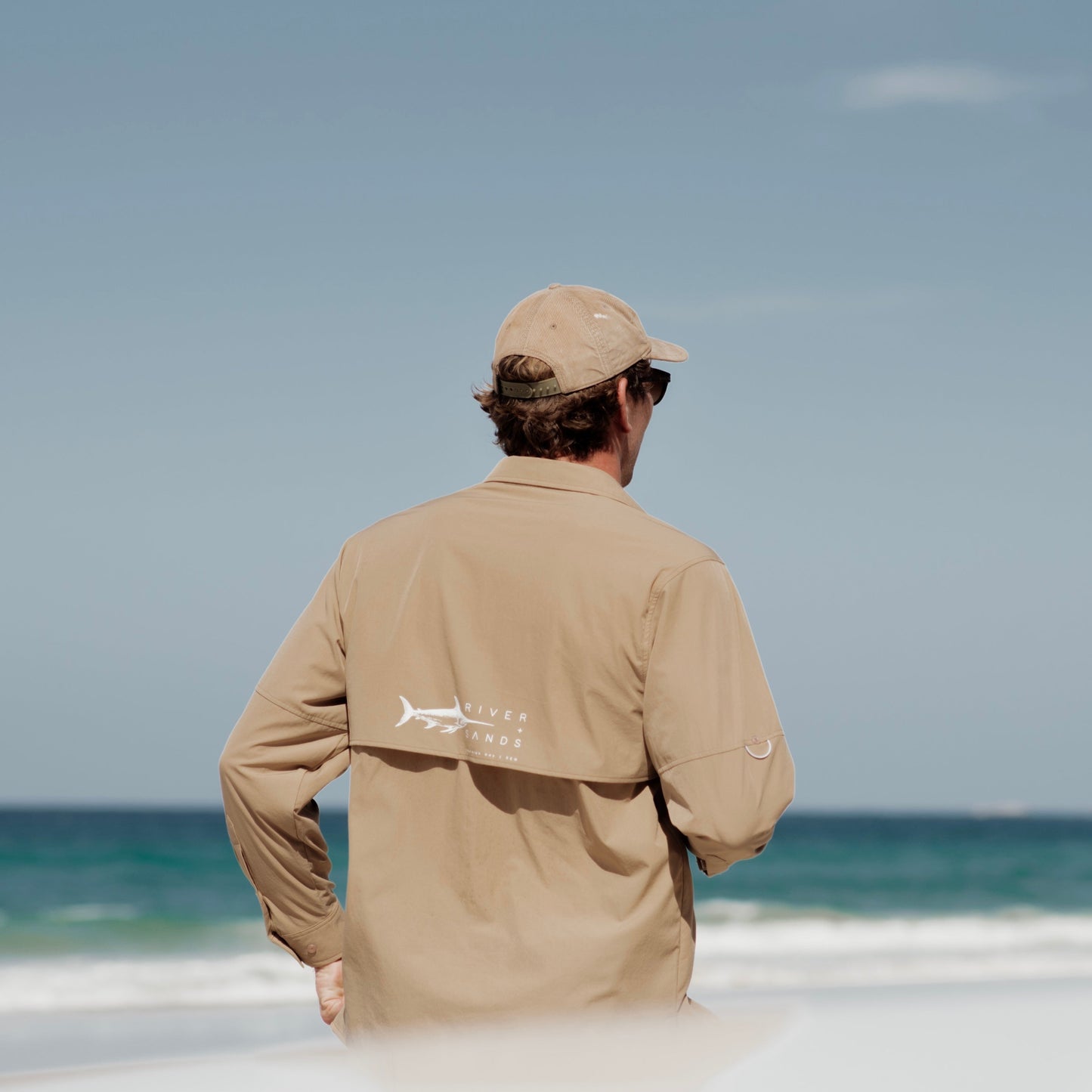 River + Sands long sleeve UPF 50+ fishing adventure shirt in Tan – Australian sun protective apparel designed in Brisbane.
