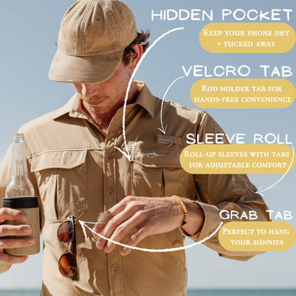 Man wearing the tan river adventure shirt and arrows are point to the features, hidden pocket, velcro tab, sleeve roll and grab tab.