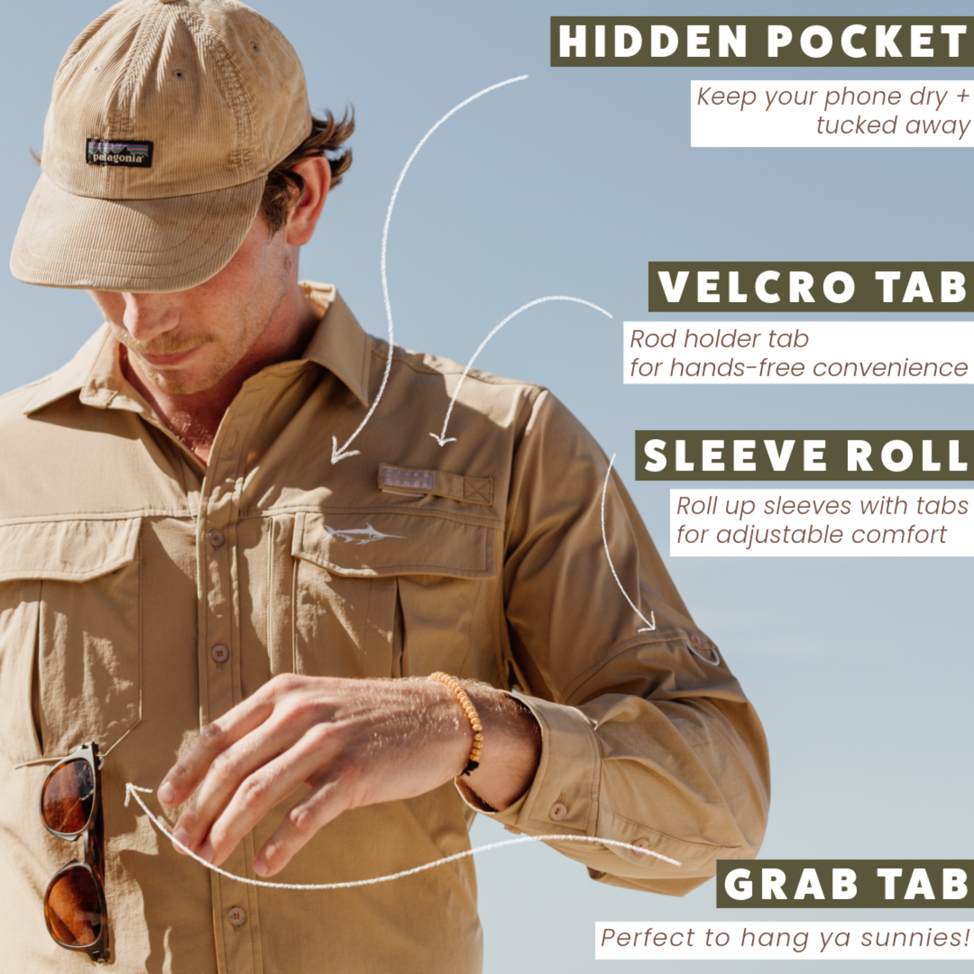 Man wearing the tan river adventure shirt and arrows are point to the features, hidden pocket, velcro tab, sleeve roll and grab tab.